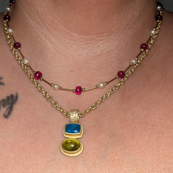 14k Yellow Gold Bar/Spacer Beads Ruby and Pearl Station Necklace